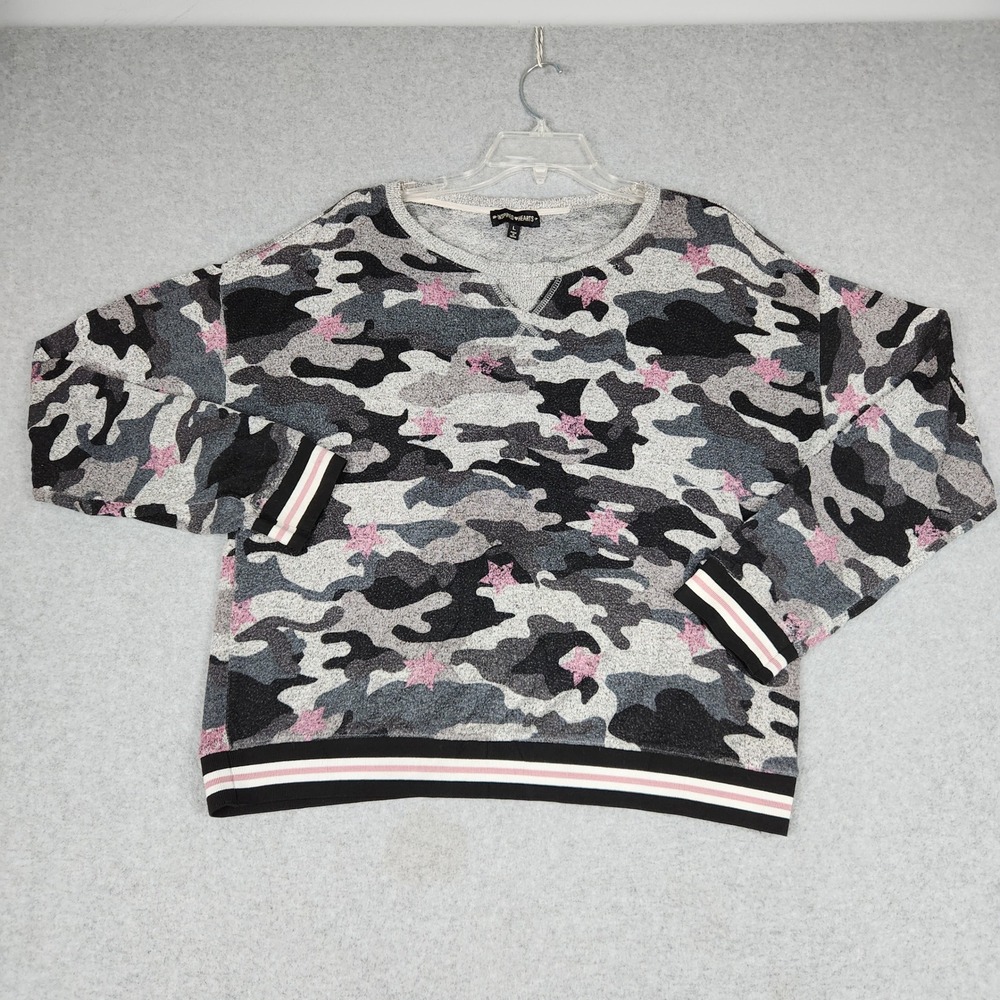Inspired Hearts Sweatshirt Womens L Gray Camo Star Print Glitter Sporty Relaxed